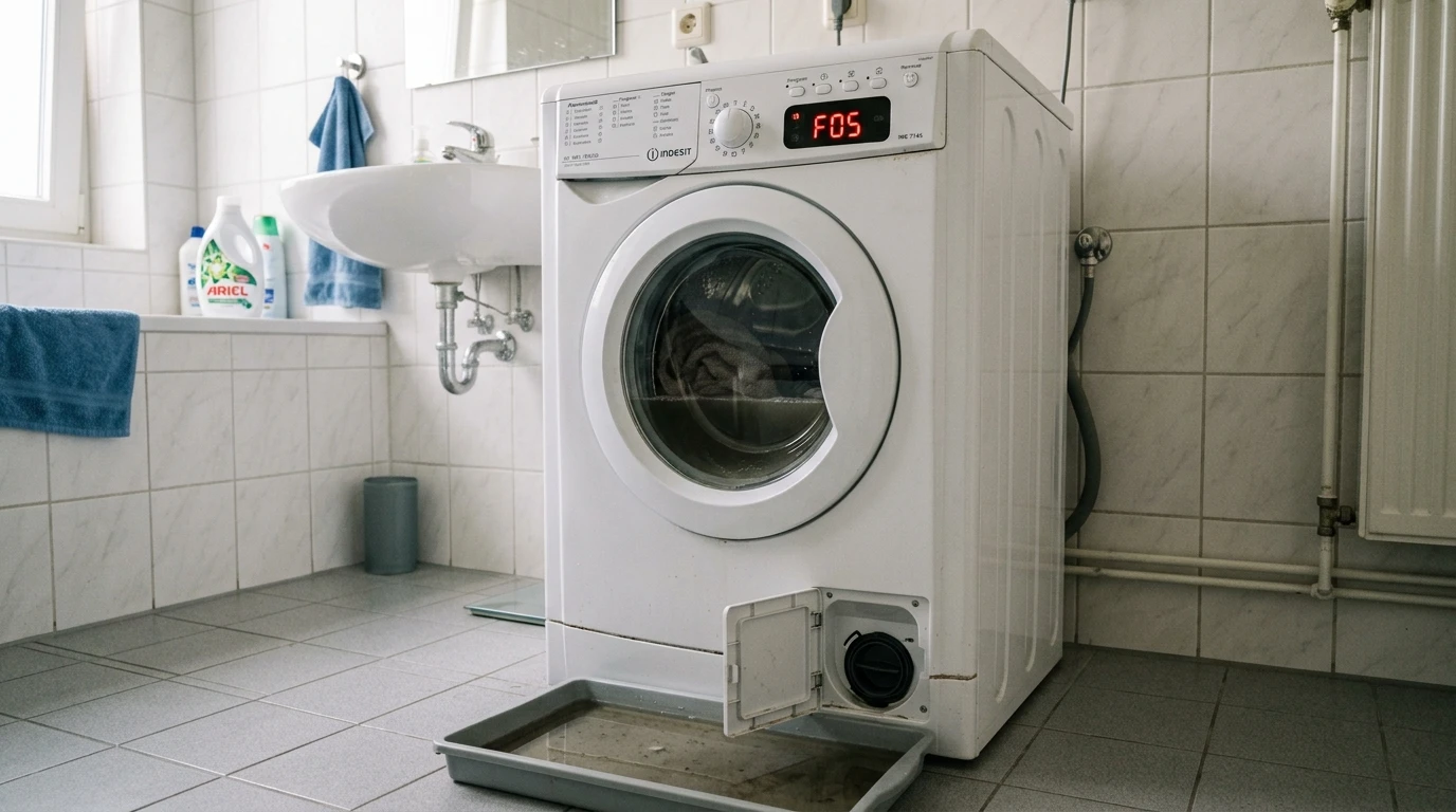 Indesit пишет F05 и не отжимает: засор слива, помпа, прессостат или плата — и цены на ремонт